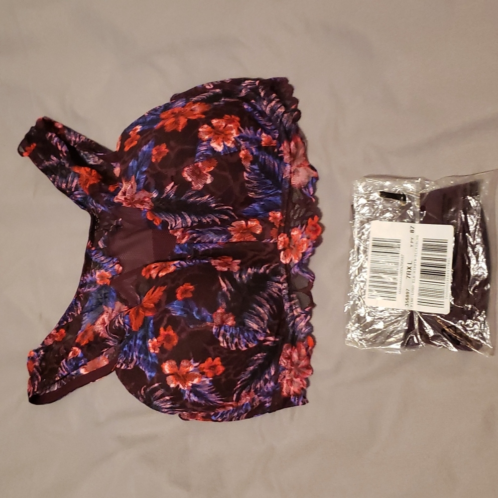 VS Pink high neck floral lace bralette L-DD & L cotton panties Black Orchid new